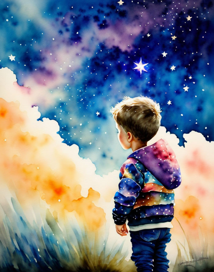 Young boy admires vibrant watercolor sky with stars and nebulae in shades of blue and orange