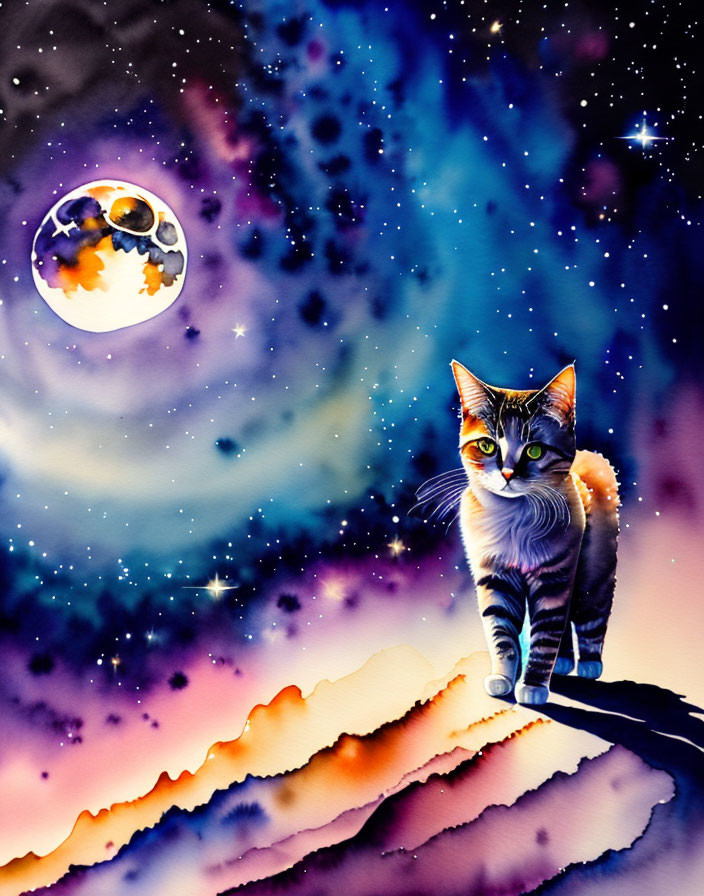 Vibrant cat on branch under starry sky with large moon