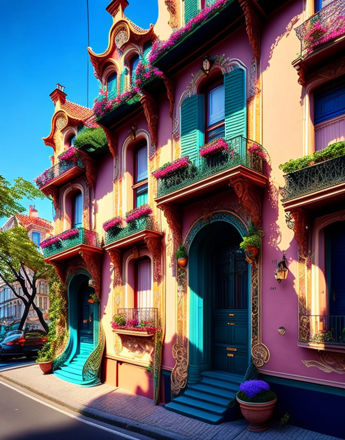 Colorful building with intricate architecture and pink flowering plants in sunlight