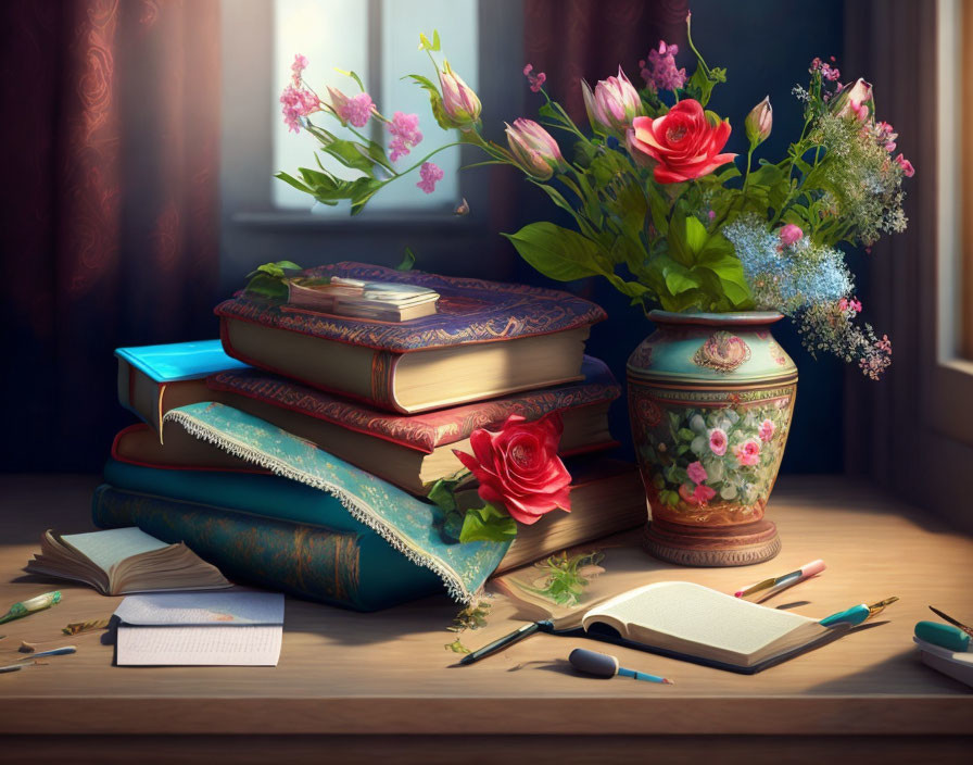 Tranquil table setting with colorful books, journal, pens, and fresh flowers