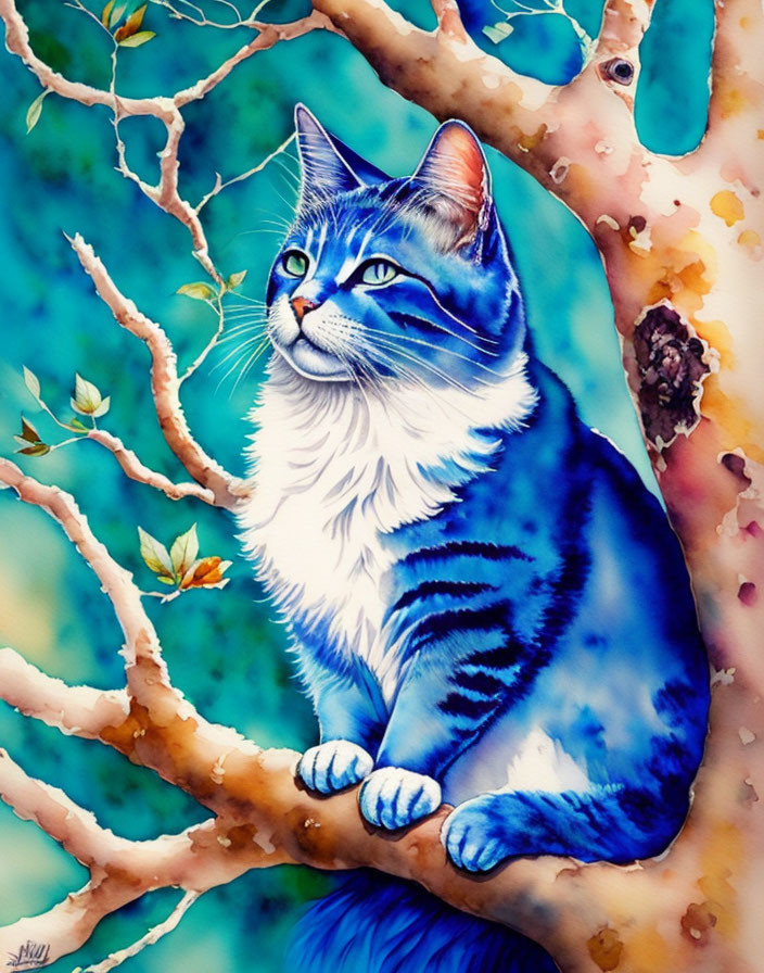 Blue-Striped Cat Watercolor Painting on Tree Branch