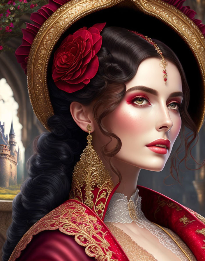 Illustrated woman in red and gold gown with braided hair and castle backdrop