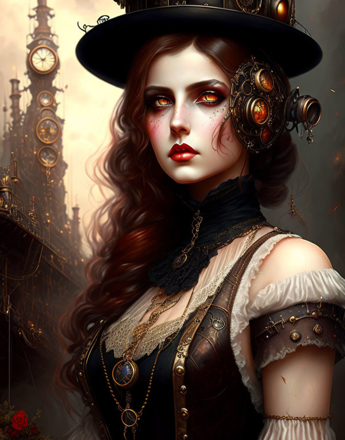 Steampunk-inspired woman with gear-adorned top hat and red eyeshadow by clock tower