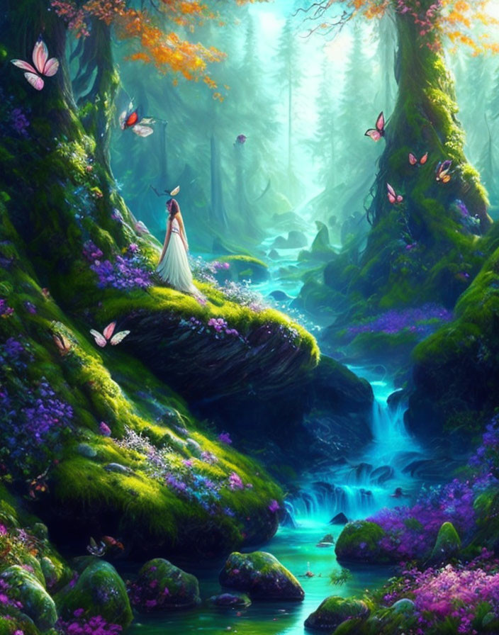 Fantasy forest scene with stream, woman in white dress, and butterflies