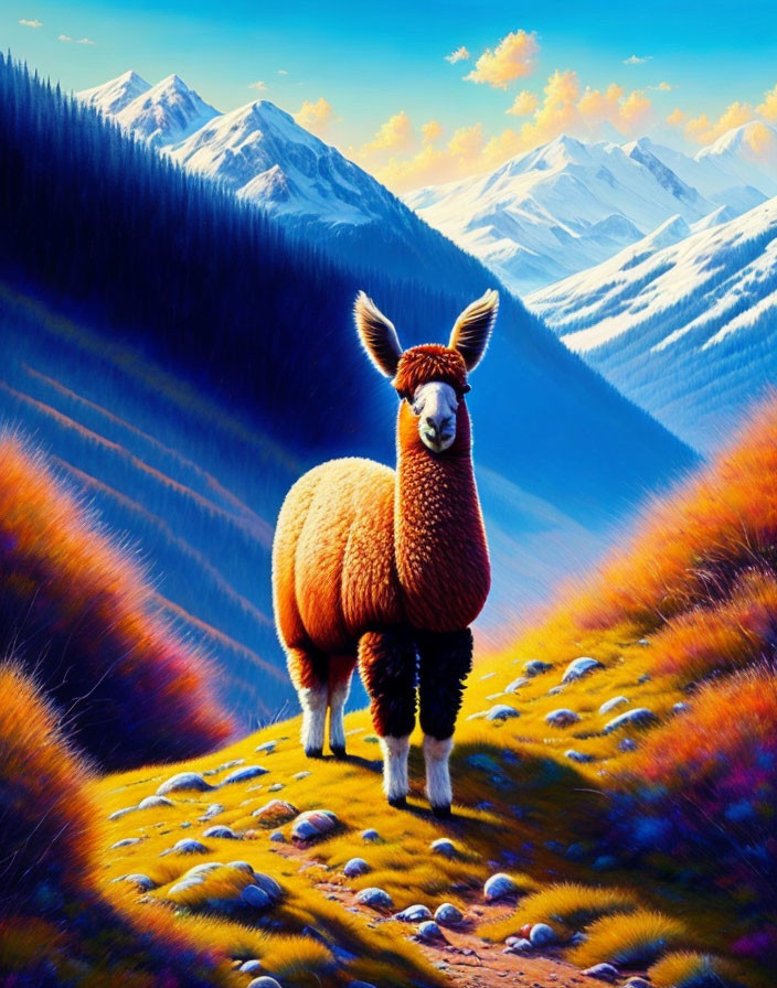 Vibrant llama illustration on snowy mountain ridge