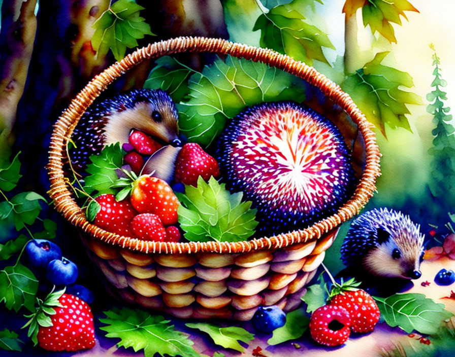 Three hedgehogs in wicker basket with strawberries and blueberries in forest setting
