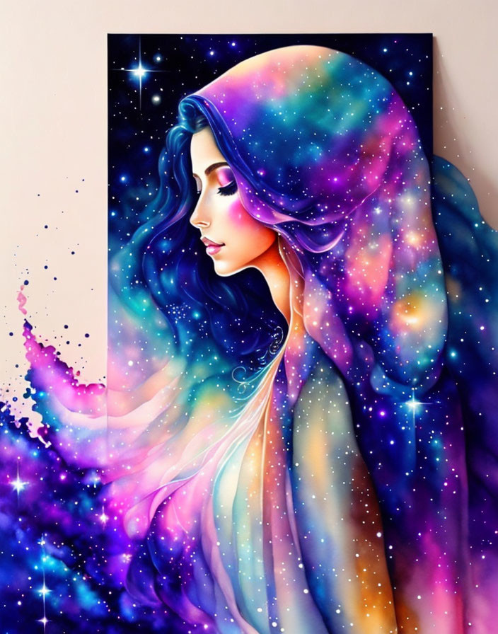 Colorful cosmic artwork of a woman with dark hair in star-speckled shroud