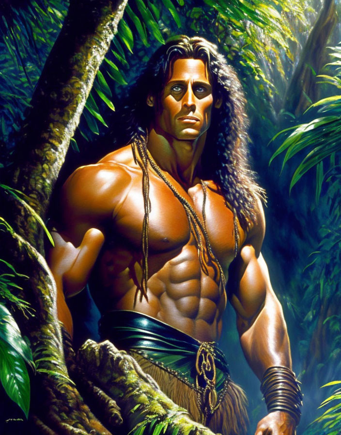 Muscular man in loincloth with intense eyes in jungle setting