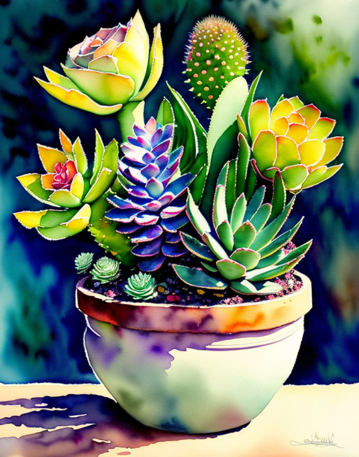 Colorful Succulents and Cacti in Decorative Bowl on Blue and Purple Background