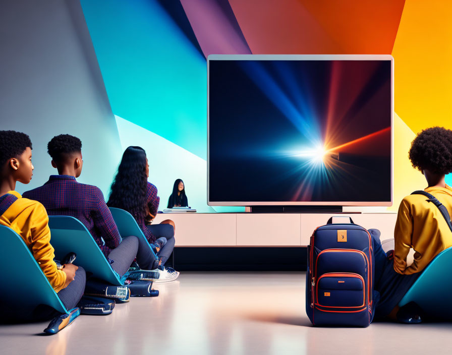 Four people in colorful room with chairs, looking at sunburst image on screen.