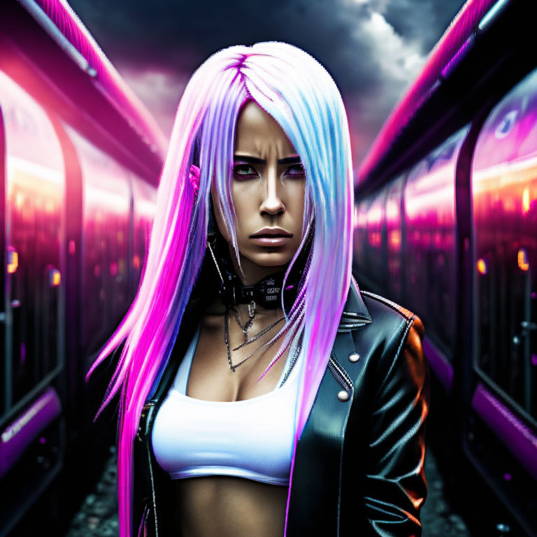 Digital artwork of woman with pink and blue hair in leather jacket against futuristic backdrop