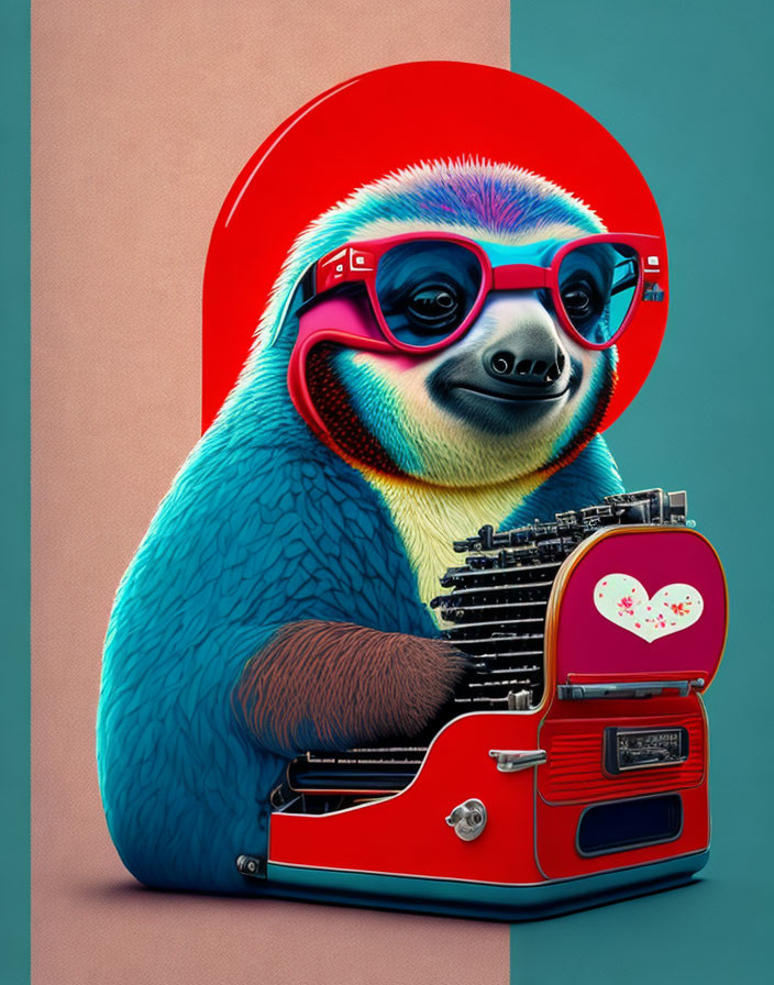 Colorful Sloth Typing on Vintage Typewriter with Goggles