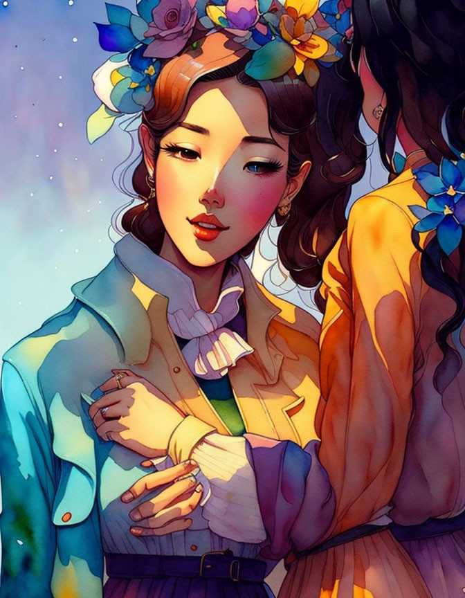 Colorful Ethereal Portrait of Woman in Flower Crown & Pastel Jacket