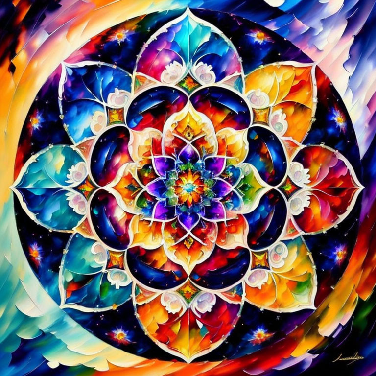 Colorful Mandala Painting with Lotus Motifs and Cosmic Background