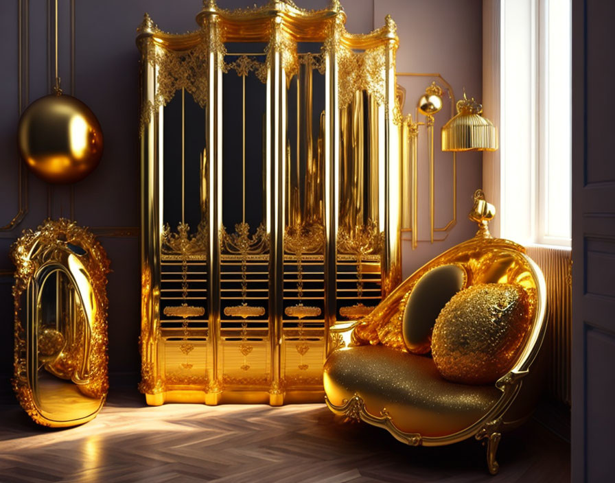 Opulent Room with Golden Furniture and Decorations