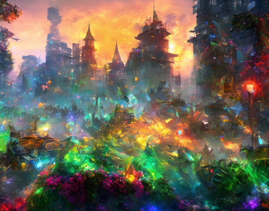 Colorful Fantasy Cityscape with Illuminated Buildings & Ethereal Atmosphere