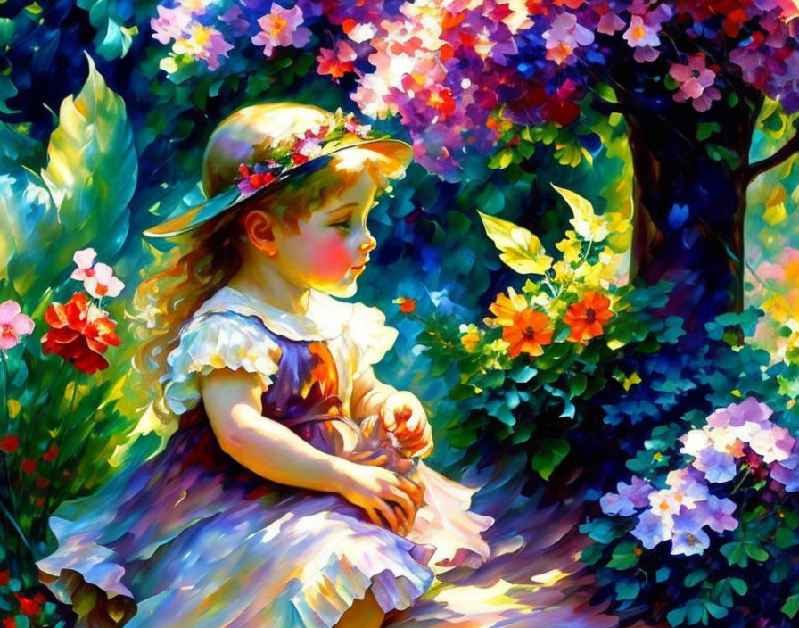 Colorful painting of young girl in garden with flowers and sunlight.