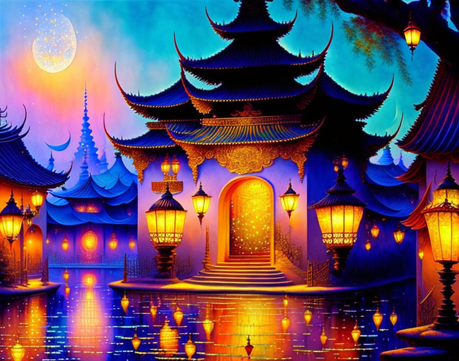 Asian-style palace with blue rooftops, lanterns, mystical trees, and starry sky over tranquil
