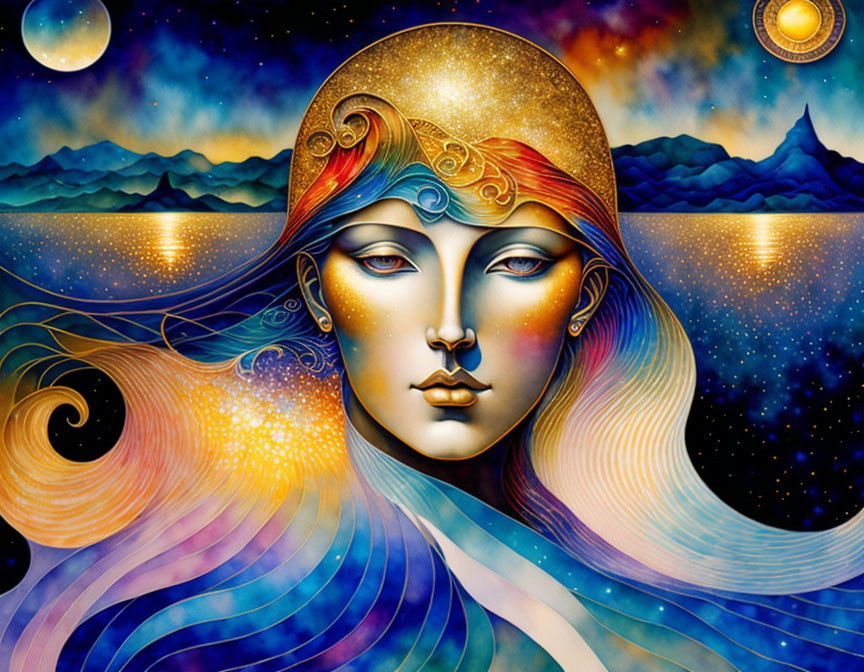 Celestial woman's face with golden headdress in cosmic landscape