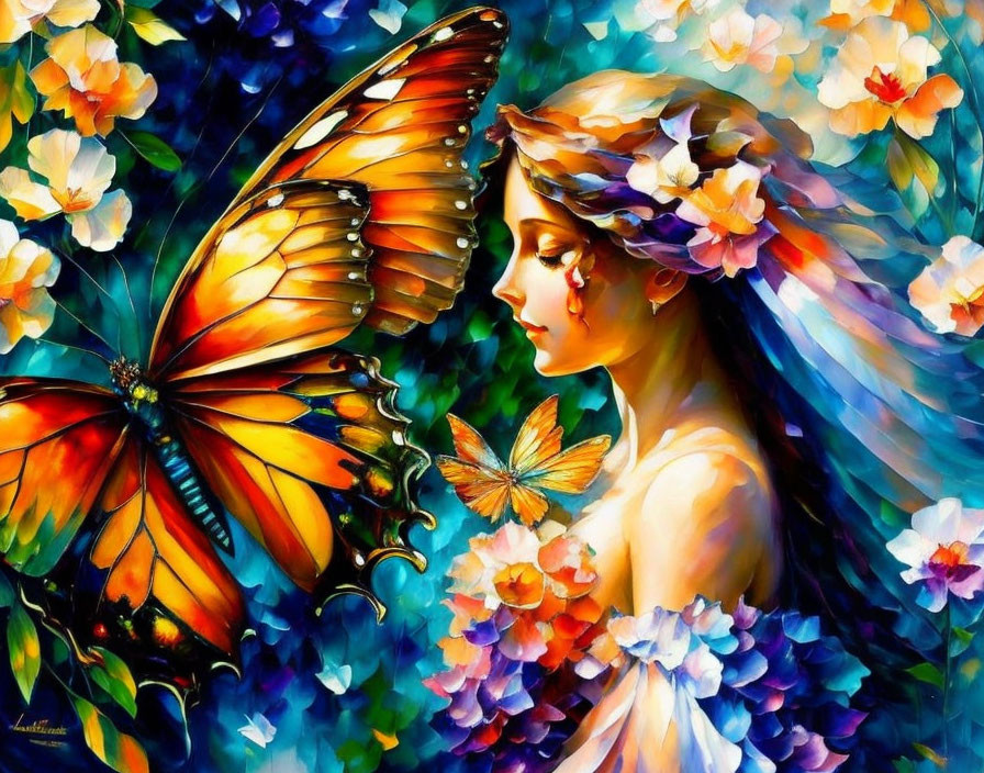 Vibrant woman with butterfly wings in hair surrounded by flowers and large butterfly
