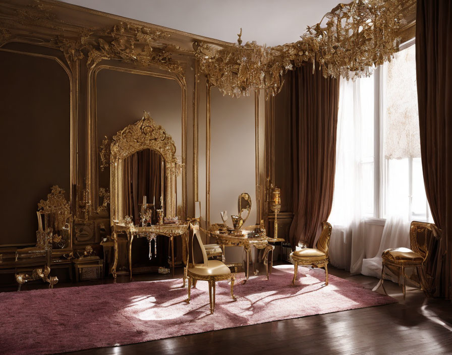 Luxurious interior with golden furniture, gilded mirrors, grand chandelier