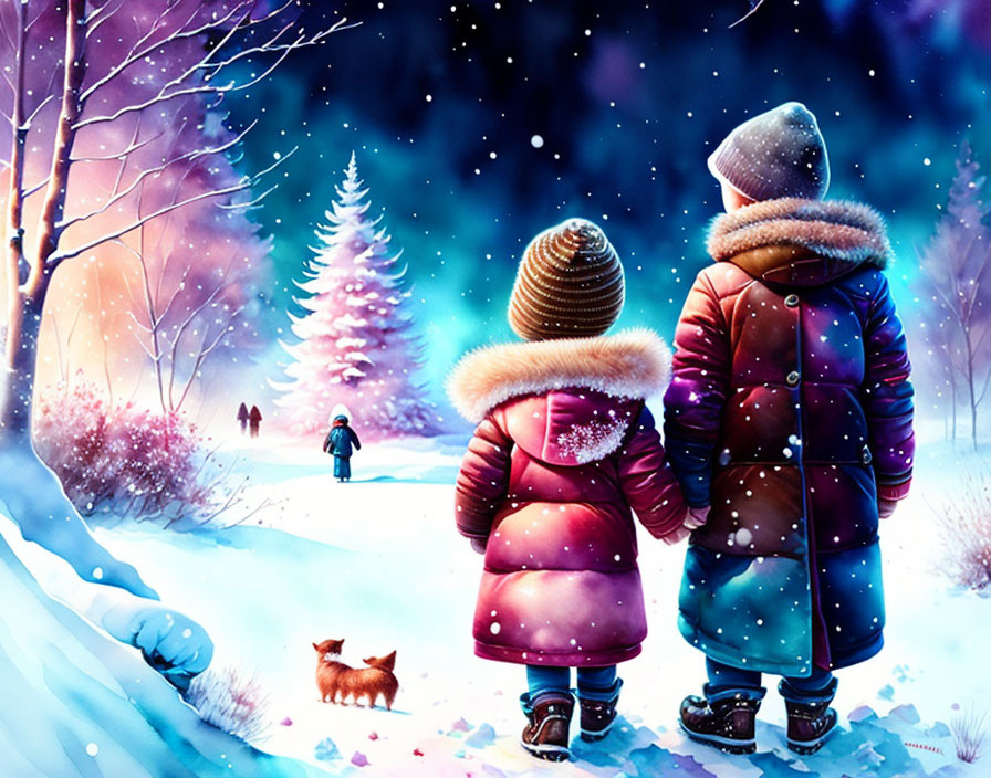 Children, dog, winter landscape with trees and snowflakes under twilight sky