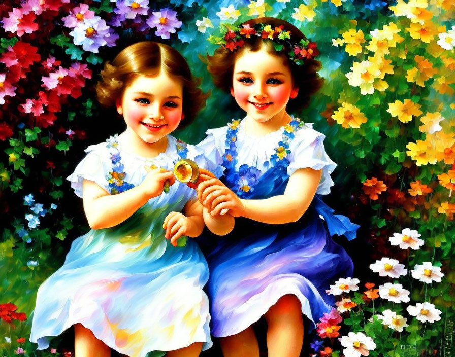 Two girls in blue dresses holding hands in colorful garden setting
