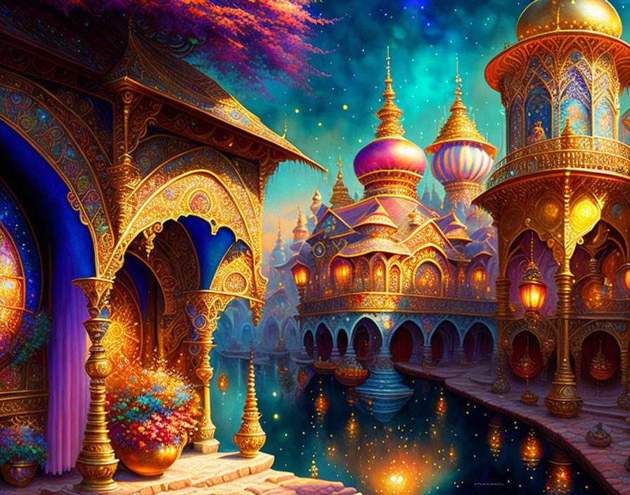 Fantasy palace with ornate arches and domes by a river at night