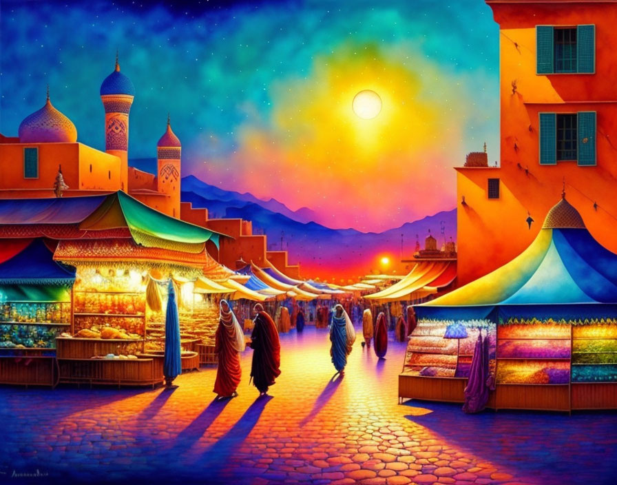Colorful market scene at dusk with stalls and starry sky above.