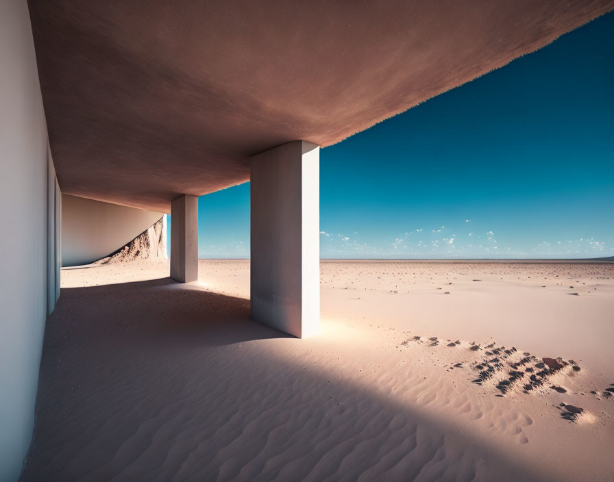Modern structure with concrete columns on sandy beach under clear blue skies