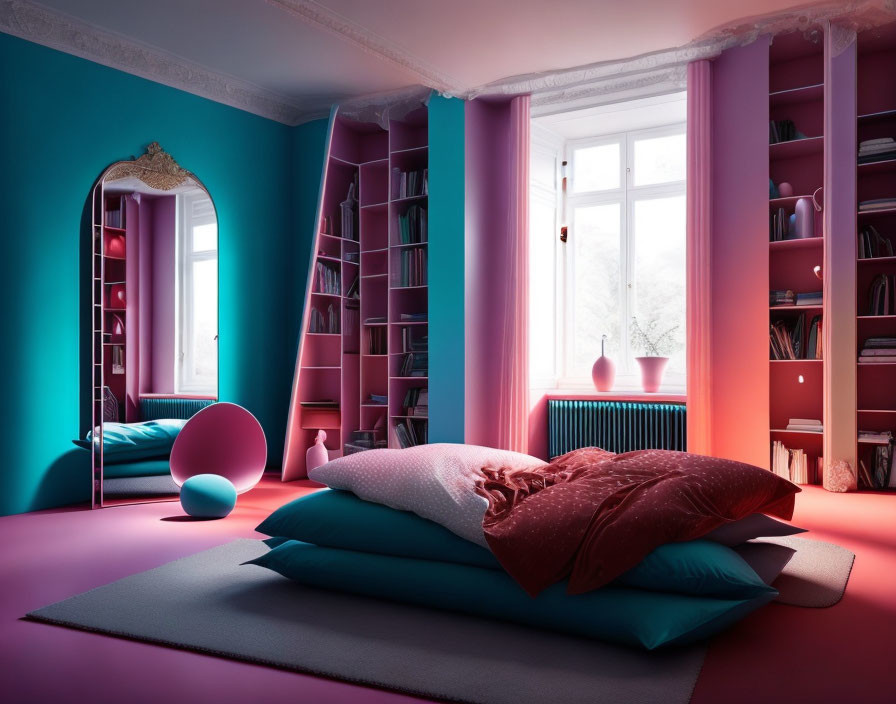 Modern Chic Bedroom with Pink and Purple Walls, Large Bed, Bookshelves, and Window