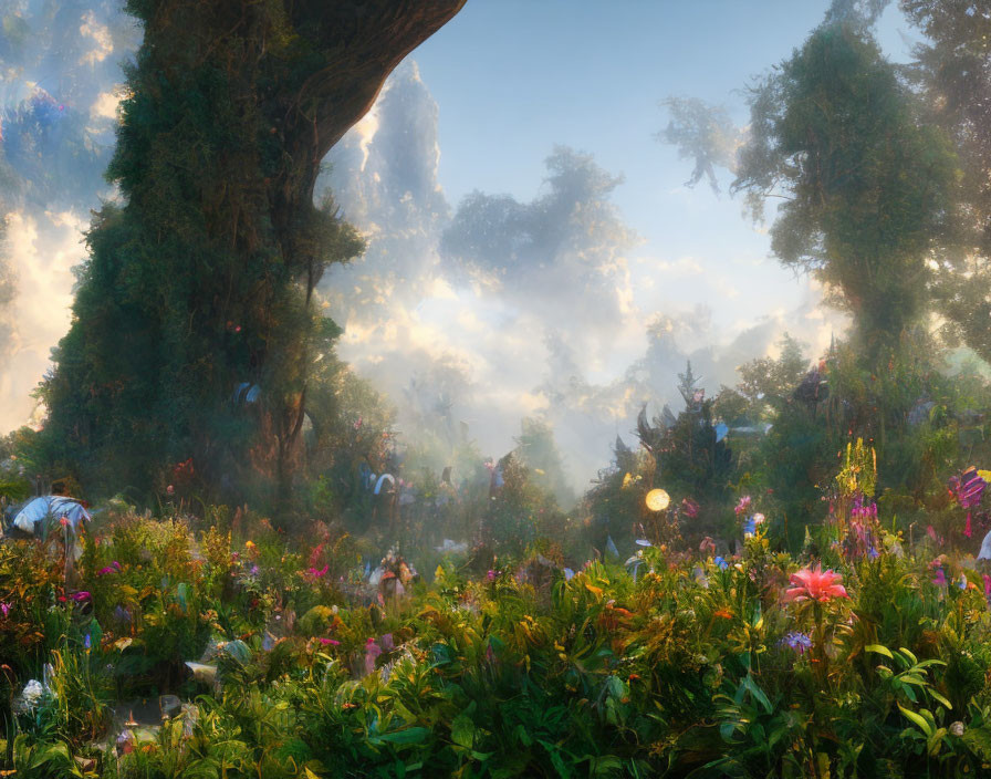 Enchanting forest scene with mist, towering trees, and vibrant flowers