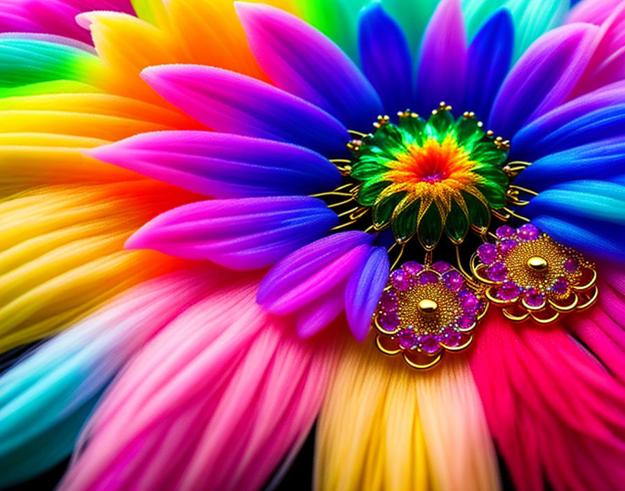 Colorful Daisy Petals Surround Golden Earrings in Close-Up Shot