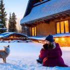 Person in Pink Jacket Sitting with Dog in Snow Near Cozy Cabin