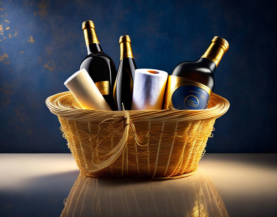 Three Elegant Wine Bottles in Wicker Basket with Gold Ribbon on Dark Blue Background
