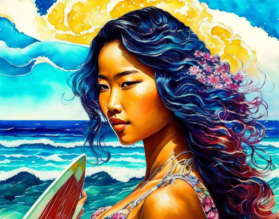 Vibrant illustration of woman with blue hair holding surfboard by ocean