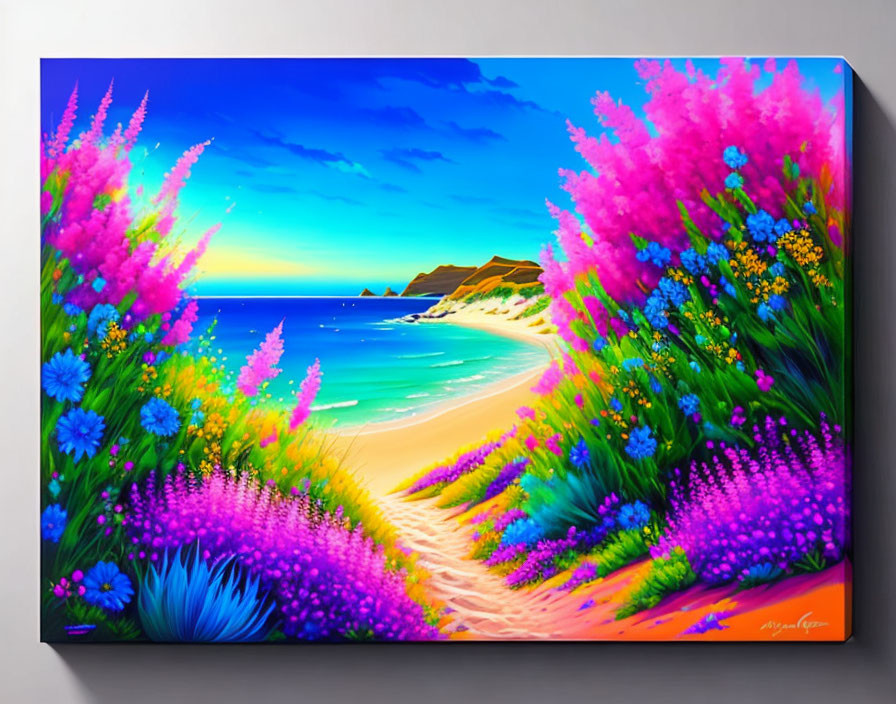 Colorful beach scene with pink and purple flowers, blue skies, and winding path.