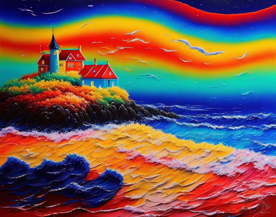 Colorful Coastal Scene with Lighthouse and Stylized Waves