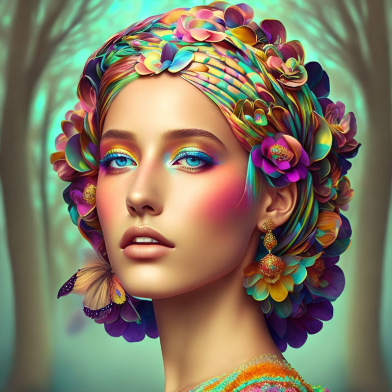 Vibrant digital artwork of a woman with flowers and butterfly in hair