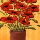 Colorful painting of red poppy bouquet in transparent vase on warm yellow background