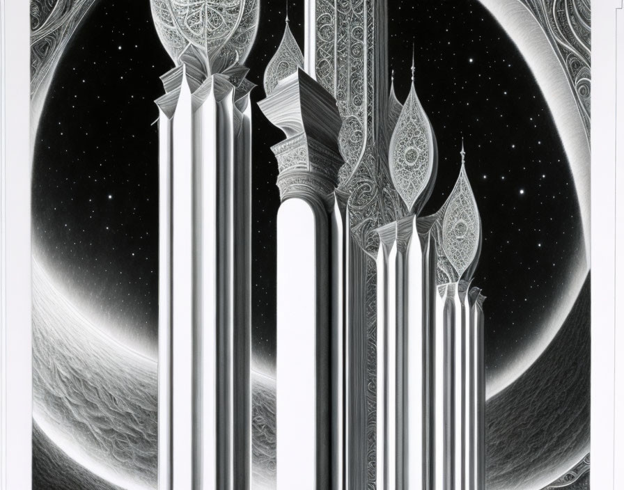 Monochromatic artwork of ornate pillars in cosmic setting