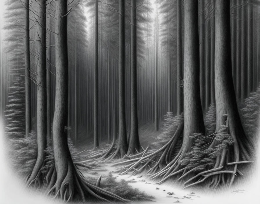 Monochrome sketch of dense forest with tall trees and footprints trail