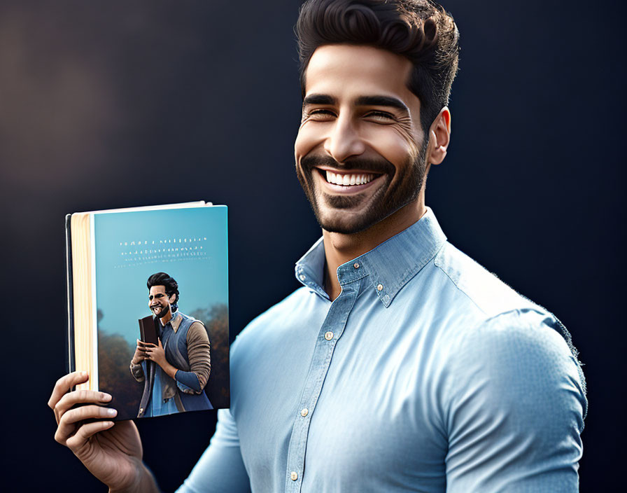 Bearded man holding book with photo on cover, blue shirt, dark background