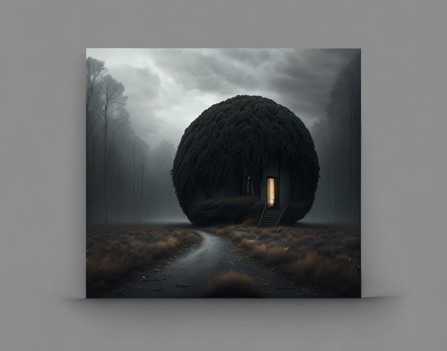 Surreal spherical tree house in misty forest with winding path