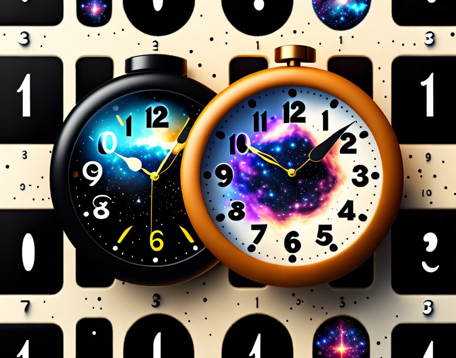 Cosmic-themed analogue clocks on domino background