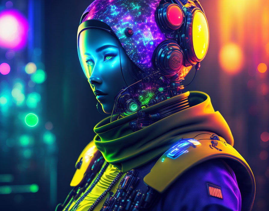 Futuristic female android with galaxy-themed head and high-tech headphones on neon-lit backdrop