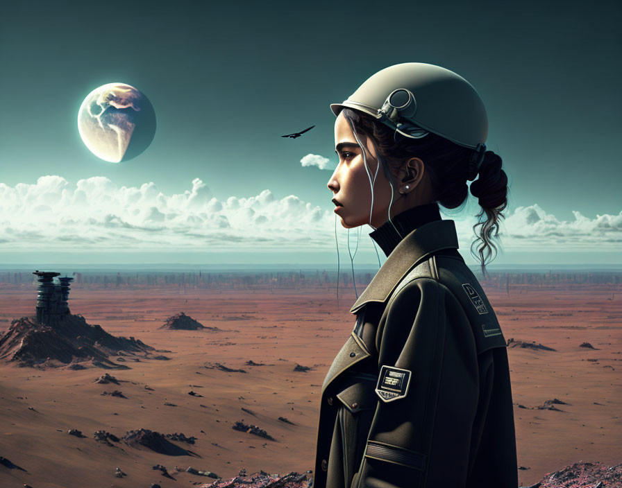 Futuristic figure in uniform on red landscape with Earth in sky