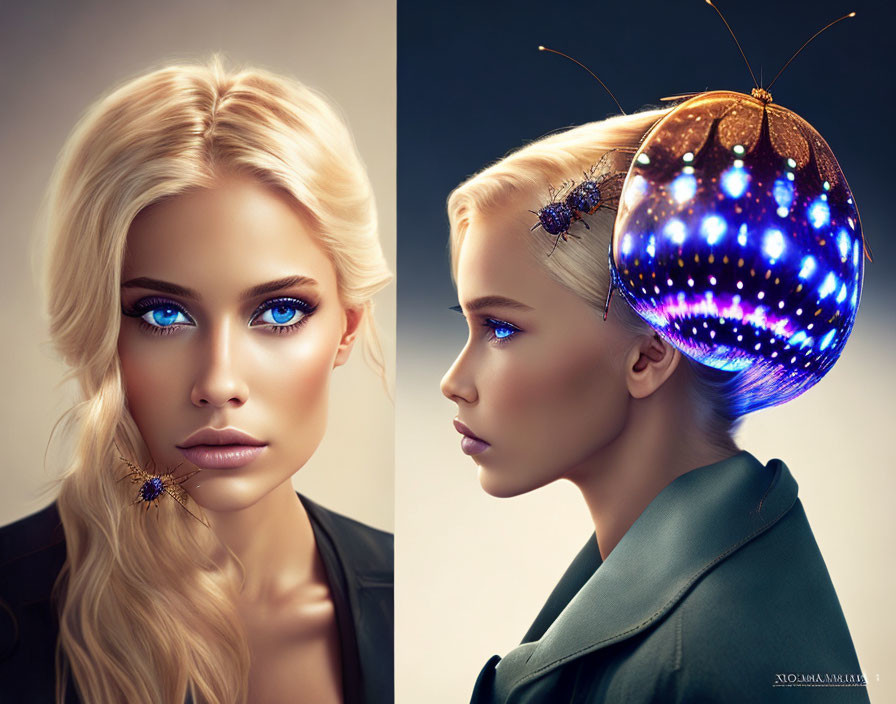 Blonde woman with blue eyes in natural and futuristic diptych