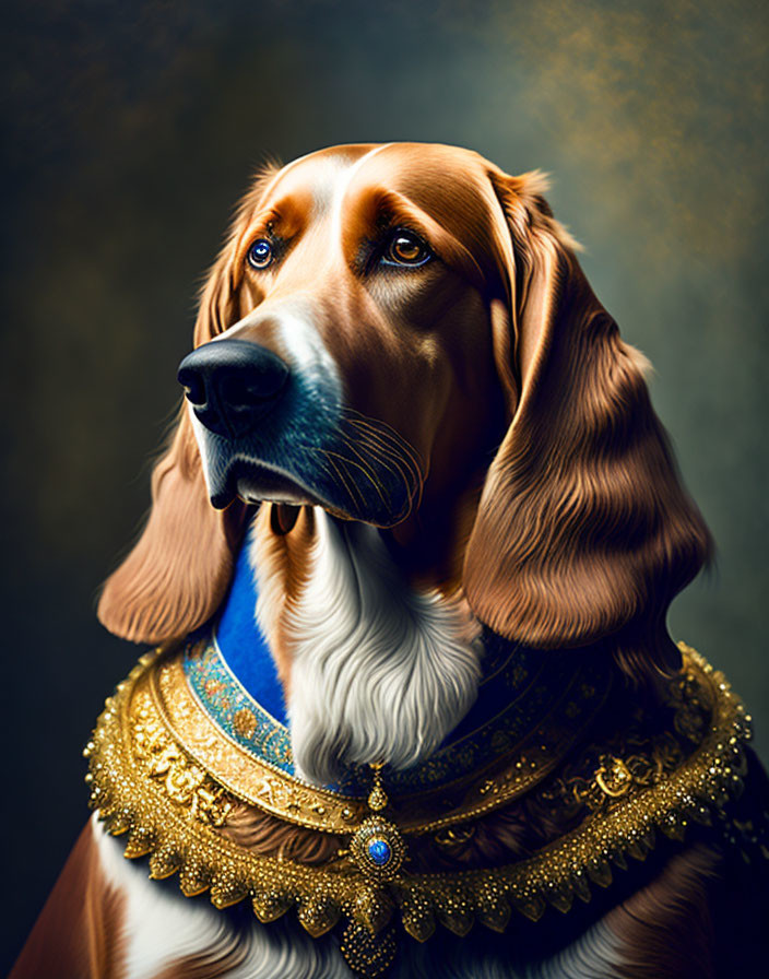 Majestic brown and white dog with jeweled collar on moody background