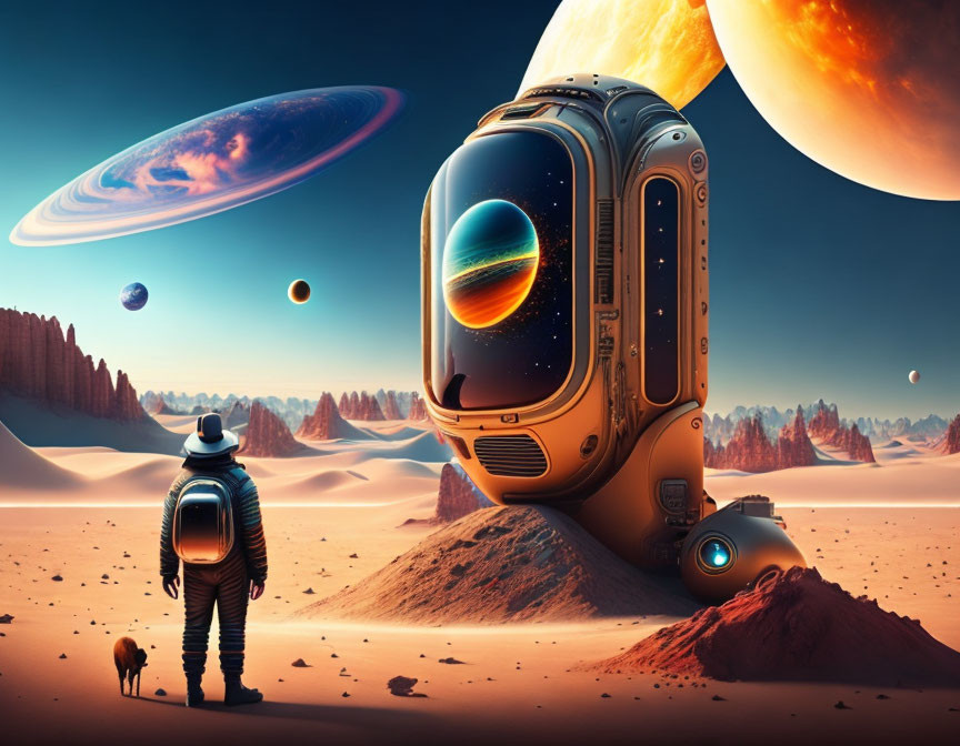 Astronaut with dog on surreal desert planet with giant robot and vibrant alien sky
